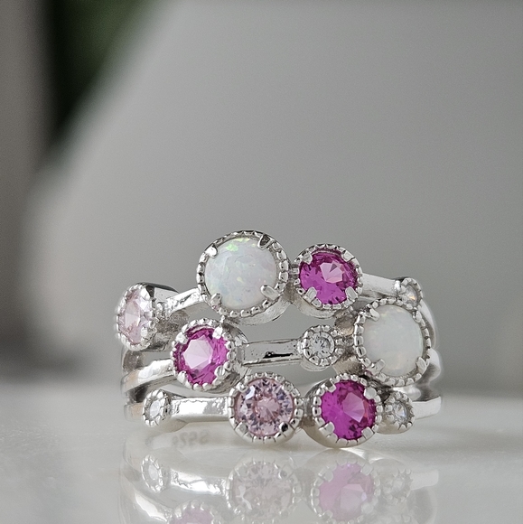 Opal and Pink Swarovski  crystal bauble ring, 925 Sterling Silver Charmed Aroma - Picture 3 of 9